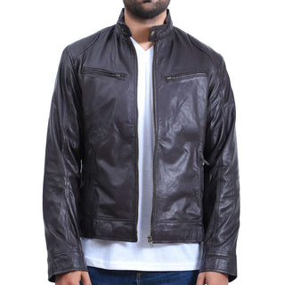 Mens Cafe Racer Black Sheepskin Leather Jacket