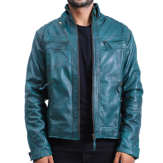 Mens Quilted Green Cafe Racer Leather Jacket