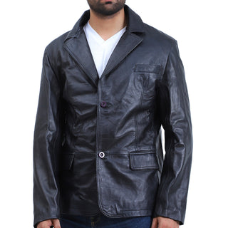 Mens 2 Button Black Leather Coat