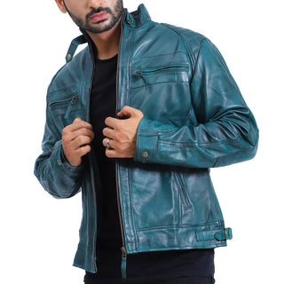 Mens Quilted Green Cafe Racer Leather Jacket