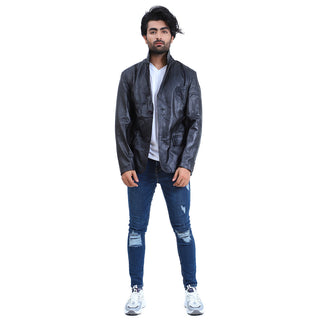 Mens 2 Button Black Leather Coat