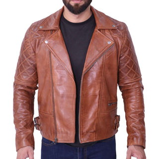 Men's Biker Quilted Brown Leather Jacket