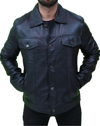 Mens Black Leather Trucker Jacket