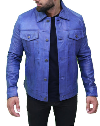Men’s Blue Leather Trucker Jacket 