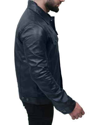 Mens Black Leather Trucker Jacket