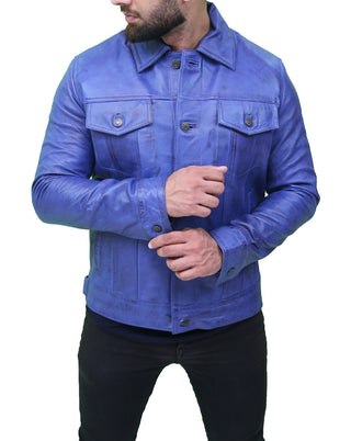 Men’s Blue Leather Trucker Jacket 