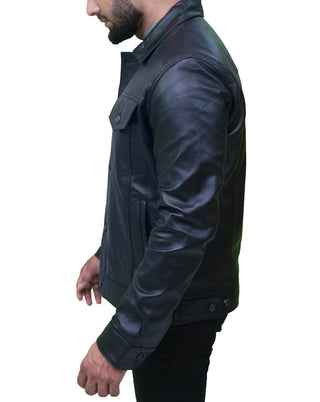 Mens Black Leather Trucker Jacket