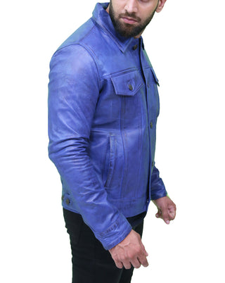 Men’s Blue Leather Trucker Jacket 