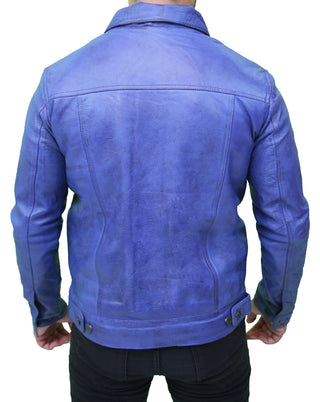 Men’s Blue Leather Trucker Jacket 
