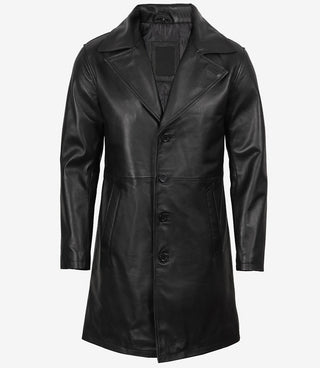 Men's Black 3/4 Length Real Leather Car Coat