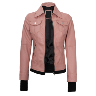 Tralee Women's Bomber Pink Real Leather Jacket with Hood
