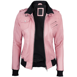 Women's Pink Bomber Leather Jacket with Removable Hood