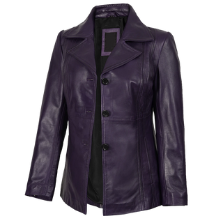 Women's Three Button Real Leather Purple Blazer