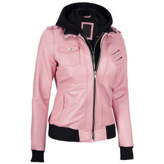 Women's Pink Bomber Leather Jacket with Removable Hood