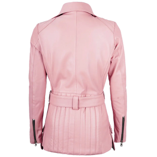 Women's Pink Asymmetrical Belted Leather Jacket