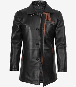 Glen Men Black Real Leather Car Coat