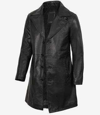 Men's Black 3/4 Length Real Leather Car Coat