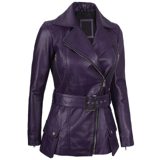 Women's Asymmetrical Purple Belted Leather Jacket