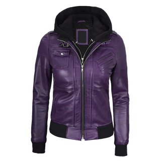 Women's Purple Leather Jacket with Removable Hood