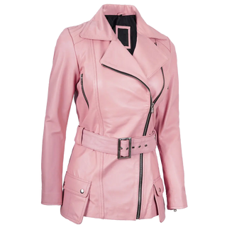 Women's Pink Asymmetrical Belted Leather Jacket