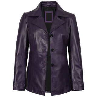 Women's Three Button Real Leather Purple Blazer