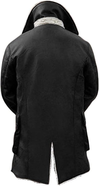 Tom Dark Knight Rises Bane Fur Shearling Black Trench Leather Jacket Pea Coat