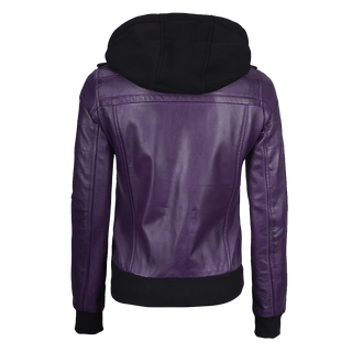 Women's Purple Leather Jacket with Removable Hood