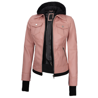 Tralee Women's Bomber Pink Real Leather Jacket with Hood