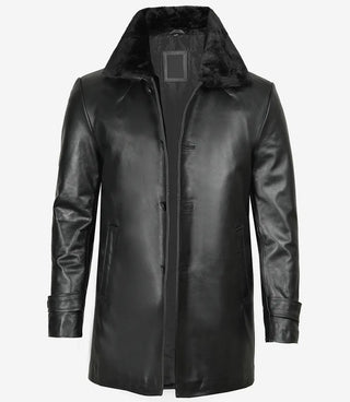 Men's 3/4 Black Real Leather Coat With Fur Collar - Winter Coat