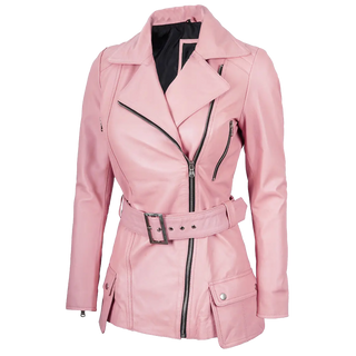 Women's Pink Asymmetrical Belted Leather Jacket