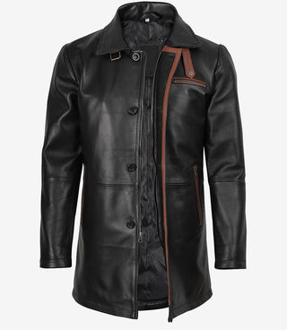 Glen Men Black Real Leather Car Coat