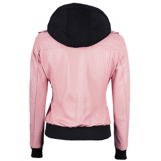 Women's Pink Bomber Leather Jacket with Removable Hood