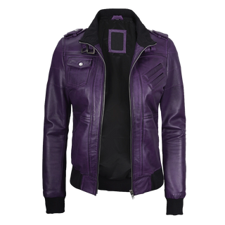 Women's Purple Leather Jacket with Removable Hood