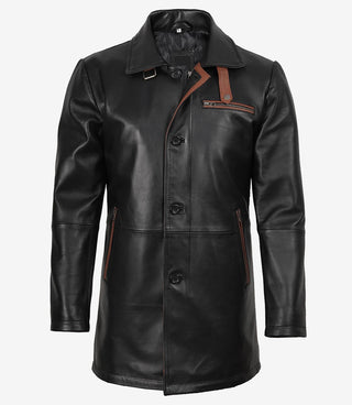 Glen Men Black Real Leather Car Coat