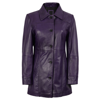 Women Leather Purple 3/4 Length Car Coat