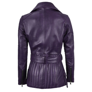 Women's Asymmetrical Purple Belted Leather Jacket
