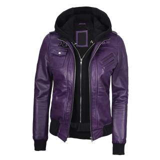 Women's Purple Leather Jacket with Removable Hood