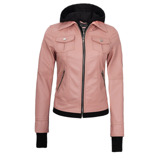 Tralee Women's Bomber Pink Real Leather Jacket with Hood