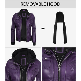 Women's Purple Leather Jacket with Removable Hood