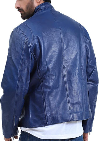 Mens Blue Quilted Cafe Racer Leather Jacket