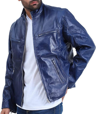 Mens Blue Quilted Cafe Racer Leather Jacket