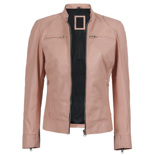 Light Pink Women's Biker Style Cafe Racer Leather Jacket