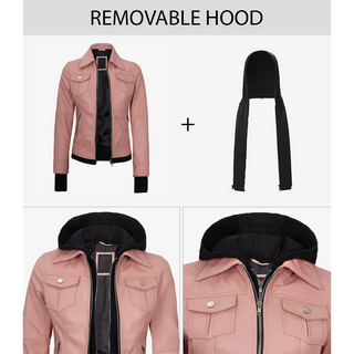 Tralee Women's Bomber Pink Real Leather Jacket with Hood