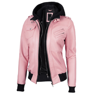 Women's Pink Bomber Leather Jacket with Removable Hood