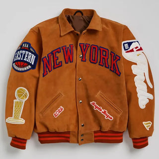 Angelobaque x New York Knicks NBA Finals Champions 2026 Suede Brown Jacket