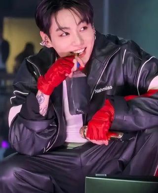 BTS World Tour Stanford  Nahmias Jungkook Leather Red and White Jacket