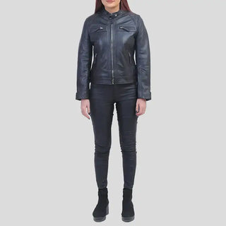  Callie Cafe Racer Real Black Leather Jacket for Women