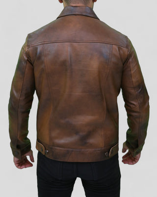 Distressed brown leather trucker jacket