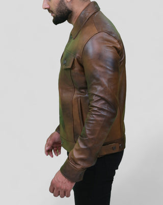 Distressed color brown leather trucker jacket