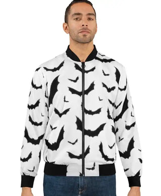 Halloween Bat Print White Bomber Jacket